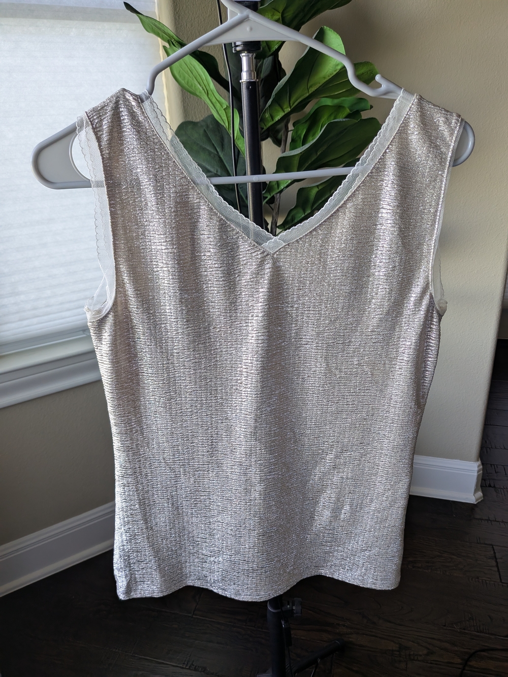 Ann Taylor Metallic Lace-Trim Sleeveless Shell in Silver